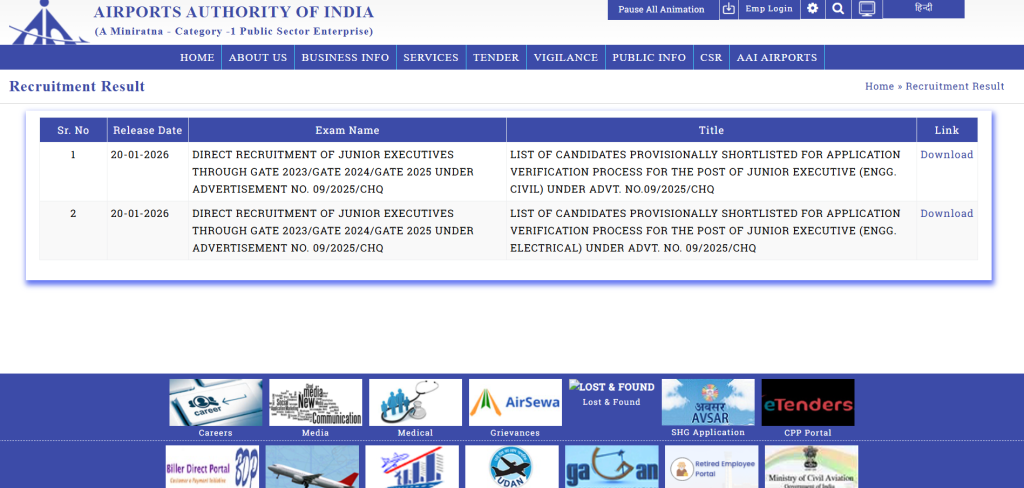AAI Junior Executive Result